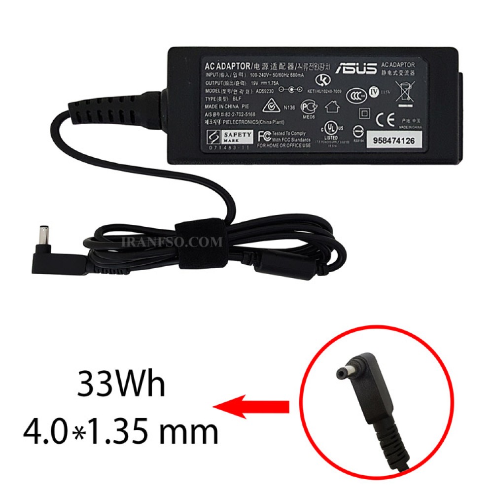 آداپتور لپ تاپ ایسوس 19V 1.75A Gimo Plus زنبوکی سرفیش بزرگ 4*1.35mm