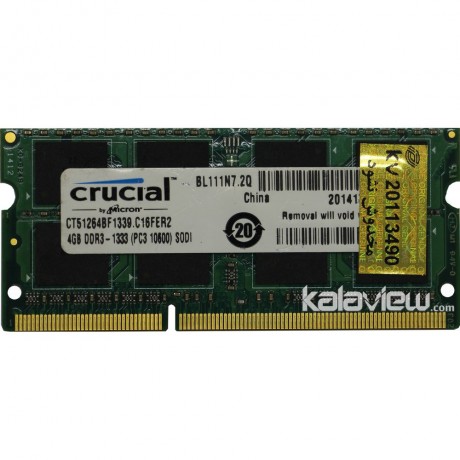 رم لپ تاپ کروشیال 4GB مدل DDR3 باس 1333MHZ/10600 چین CT51264BF1339.C16FER2 تایمینگ CL9